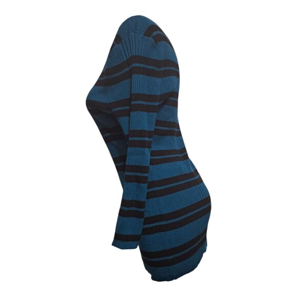 United States Sweaters XL V-Neck Pullover Turquoise Blue Black Striped Stretch - Picture 6 of 16